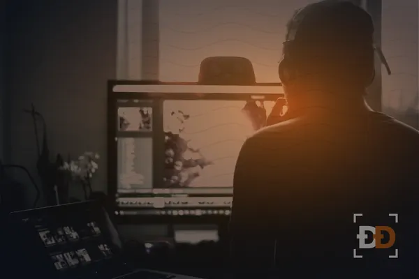 A person in headphones sits at a desk reviewing a grid of photos on a monitor, with more thumbnails open on a laptop.